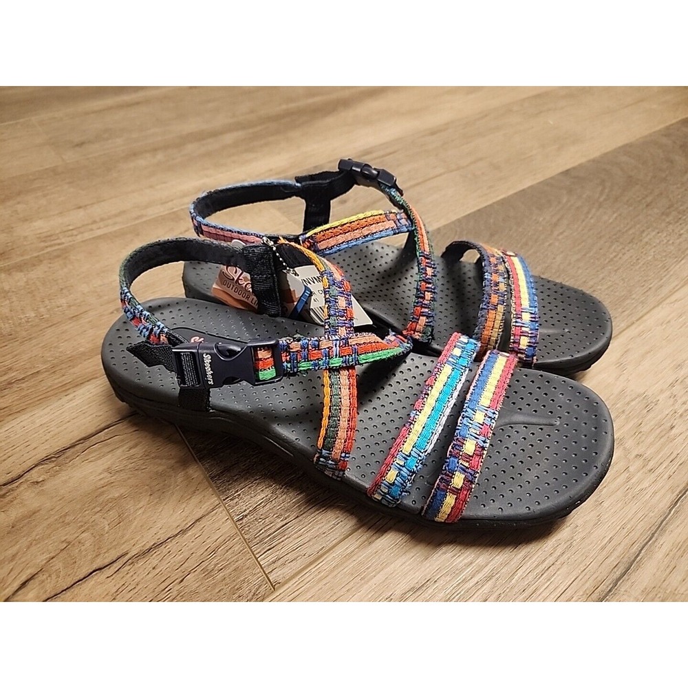 Size 11 Skechers Womens Reggae Sew Me Woven Slingback Sport Sandal Navy Colorful
